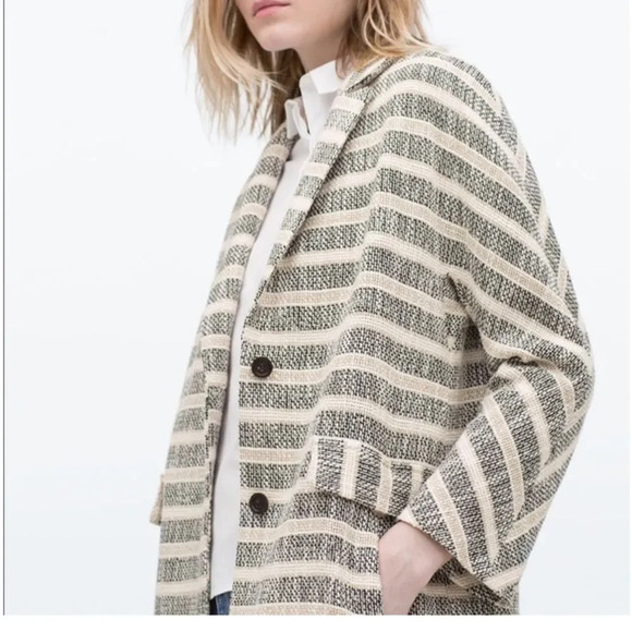 Zara Long Line Striped Gray Coat Pockets Women's Size Medium Bloggers Favorite - Picture 3 of 12